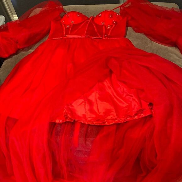 Women’s Red Prom Party Formal Dress With Corset Back and Leg Slit Size 16 NWOT - Picture 5 of 12